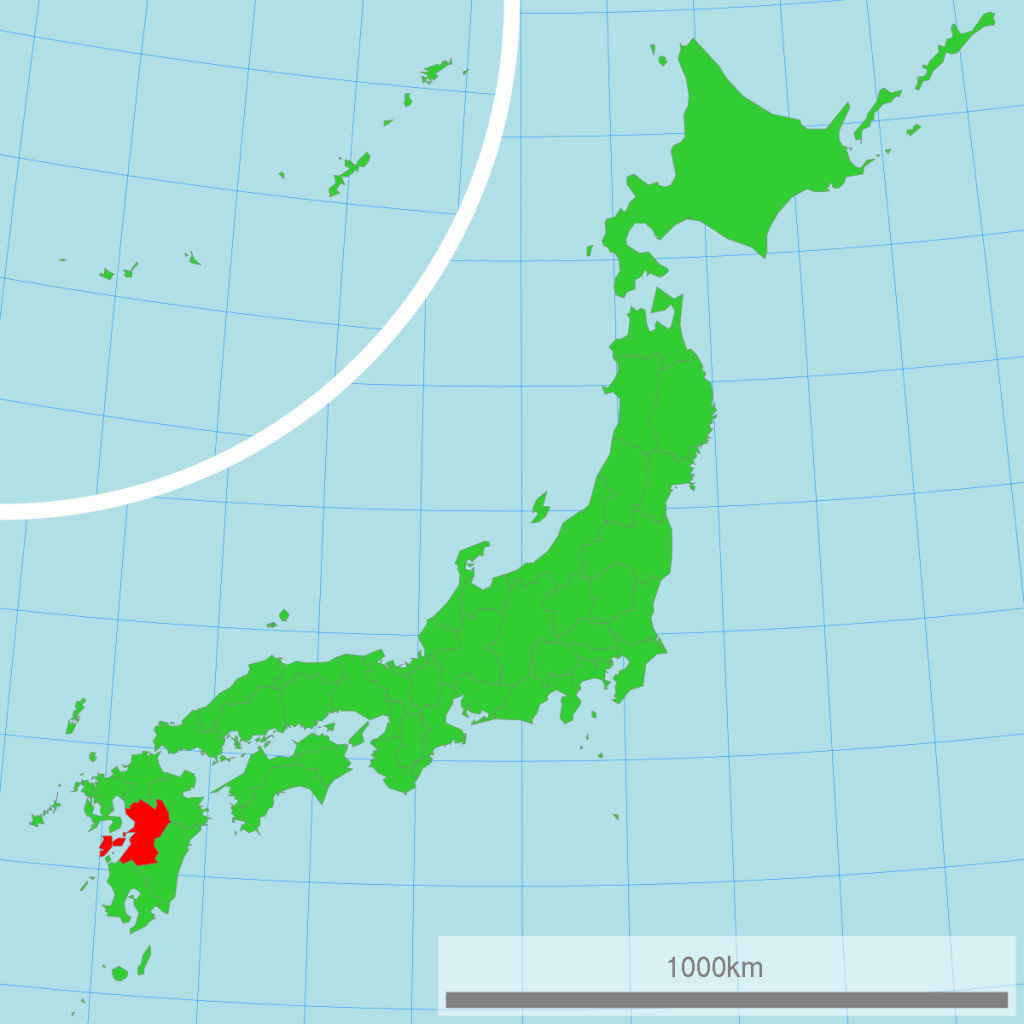 موقع محافظة كوماموتو (باللون الأحمر) على خريطة اليابان