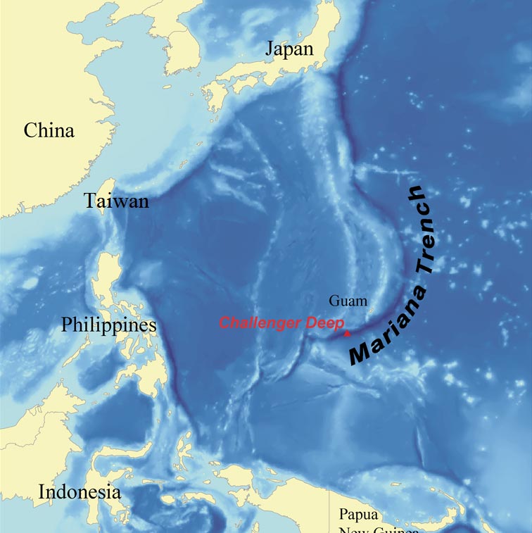 خريطة توضح موقع خندق ماريانا | عبر ويكيميديا